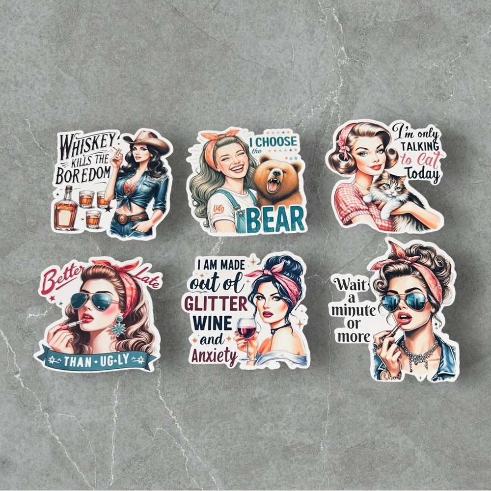 Funny Retro Girls Set Stickers 6pcs  approx. 2" x 2" Decal,  Décor, Kindle, Lapt